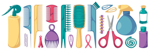Cartoon comb. Hairbrush and hair styling tools, hairdressing accessories for haircut and hairstyle, beauty salon equipment. Vector isolated set. Scissors, hairpin, brush and spray bottle