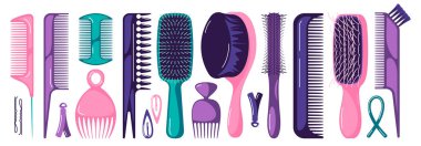 Saç şekillendirme aletleri. Çizgi filmlerdeki profesyonel kuaför ekipmanları, saç kurutma makinesi fırça fırçası tarak saç tokası aksesuarları. Vektör ayarlandı. Güzellik salonu hizmetleri için renkli nesneler