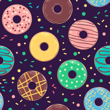 Donut deseni. Delikli yuvarlak tatlı pastanesi tatlısının kusursuz baskısı, çikolata jöleli ve şekerli çizgi film pastası. Vektör dokusu