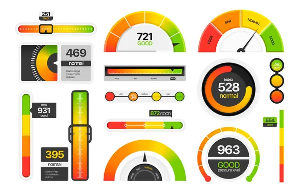 stock vector Gauges measuring scale. Tachometer dial speedometer bar graph, progress bar and score level indicators. Vector infographic elements