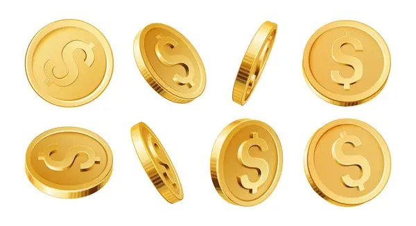 Monedas Oro Moneda Oro Realista Dólares Diferentes Puntos Vista Juegos Ilustración De Stock