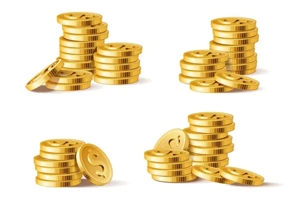 ゴールデンコインスタック 3D現実的な光沢のある金のコイン パイル お金は ホワイトベクトルセットで隔離されたギャンブルゲームや銀行ポスターの財務的要素を積み重ねます ジャックポットの勝利とドルシンボル ロイヤリティフリーストックベクター