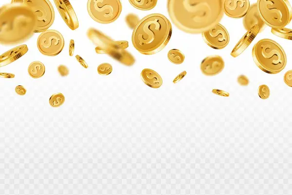 Guldmyntregn Realistiska Flygande Guldmynt Miljoner Dollar Lotteri Spel Pris Skatt Stockvektor