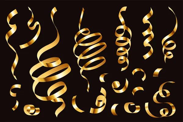 Guldkonfetti Guldband Realistisk Serpentin Festlig Årsdag Och Jul Dekoration Ljusa Royaltyfria illustrationer