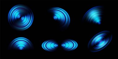 Sonar ses dalgası. Yuvarlak ışık neon etkisi dalgaları, radyo istasyonunun eşmerkezli daire sinyali, Wi-Fi sensörü. Mavi su dalgalanma vektörü ayarlandı. Ağ bağlantısı sembolü. İnternet sinyali izole edildi