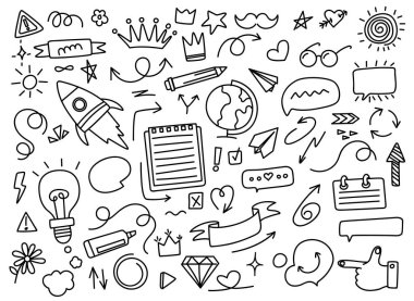 Çizgi karalama elemanı. Eskiz lambası, ok ve konuşma balonu, roket ve Dünya küresi. El çizimi defter, taç ve gözlük, papatya ve kırık kalp. Vektör seti.