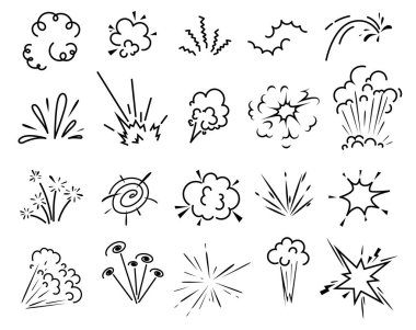 Doodle bombası patlaması, çizgi film karikatür bulutları, vektör dinamit patlama bulutu. Bomba patlaması ya da TNT patlayıcı çizgi roman efekti çarpışma ve patlama kıvılcımları karalama çizgisi içinde parlayan bulutlar.