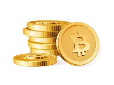 Bitcoin yığını. Altın BTC şifreleme 3 boyutlu gerçekçi madeni paralar yığını. Engelleme zinciri, şifreli iş ve mevduat, yatırım ve sanal ödeme vektörü kavramı.