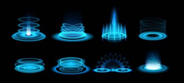 Mavi ışık portalı. Parıltılı, parlak, ışık saçan hologram oyun efekti. Işınlanma ve portallar, mavi ışınlı enerji podyumu. 3B teknik vektör çarpım aşamaları ayarlandı.