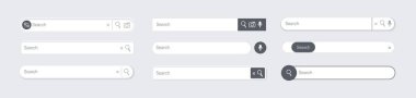 Arama çubuğu 3D. İnternet kutusu web sitesi ui, tarayıcı motor metin alanı, düğmeli ve simgeli gezinme çubuğu. Gölgeli arayüz ışık şablonları. Vektör izole edildi.