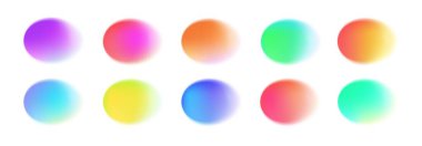 Renk çemberi eğimleri. Soyut suluboya şekilleri. Renkli neon sıvısı yarı şeffaf yuvarlak kabarcıklar ve ışık parıltısı. Vektör izole edilmiş renk harmanlama çemberleri ayarlandı.