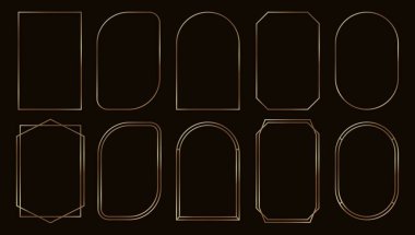 Altın çerçeve. Art deco altın geometrik çerçeveler, düğün davetiyesi için lüks dikdörtgen doğrusal sınırlar, minimalist estetik. Parlak vintage ince bayrak sınır vektörü ayarlandı.