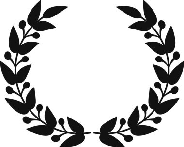 Tarzlı defne çelenginin siyah silueti eşit aralıklı yapraklar ve meyvelerle dairesel bir çerçeve yaratarak zaferi, başarıyı ve onuru sembolize ediyor.