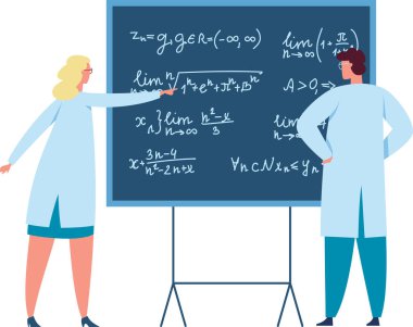 İki bilimadamı, bir kadın ve bir erkek, karatahtaya yazılmış karmaşık matematiksel formüller üzerinde çalışıyorlar, bilimsel tartışma ve analizlerle uğraşıyorlar.