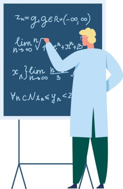 Laboratuar önlüğü ve gözlük takan bilim adamı, bir ders veya sunum sırasında karmaşık matematiksel formüller ve bir tahtaya limitler yazıyor.