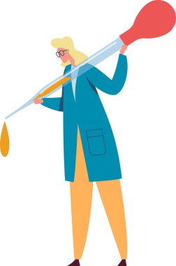 Laboratuvar önlüğü giymiş odaklanmış kadın bilim adamı laboratuardaki dev bir pipetle turuncu sıvıyı bir deney şişesine atıyor. Etrafı bilimsel ekipmanlarla çevrili. Kimyada keşif ve yenilik iletiliyor