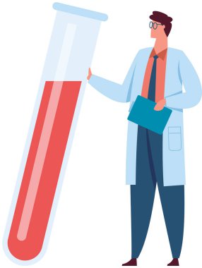 Laboratuvar önlüklü bilim adamı elinde bir pano ile kırmızı bir sıvı içeren dev bir test tüpü sunuyor, muhtemelen kan, tıbbi araştırma ya da laboratuvar analizi öneriyor.