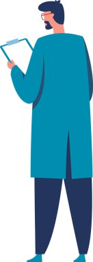 Tıbbi uzman gözlük ve laboratuvar önlüğü takıyor, hasta bilgilerinin olduğu bir panoyu tutuyor ve inceliyor, sağlık hizmetlerini, teşhisi ve tıbbi kayıt analizlerini temsil ediyor.