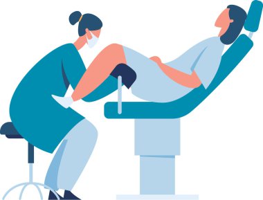 Yüz maskesi takan ve eldivenlerini takan doktor muayenehanedeki özel bir sandalyede yatan kadın hastaya jinekolojik muayene uyguluyor.