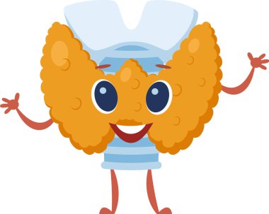 Sevimli çizgi film tiroit karakteri beyaz bir arkaplan karşısında sağlık bilincini arttırır, endokrin sistemi ve tiroid hastalıkları hakkında eğitim verir.