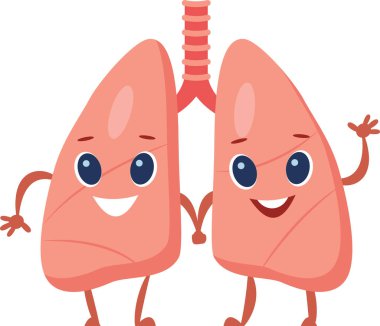 Çizgi film akciğerleri el ele tutuşuyor ve gülümsüyor, solunum sağlığı ve refahı teşvik ediyor, eğitim veya sağlık malzemeleri için ilgi çekici görüntüler sağlıyor