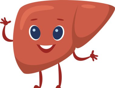 Sevimli çizgi film karakteri dalgaları ve gülümsemeler, karaciğer sağlığı ve tıp eğitimini desteklemek, sağlık tasarımları için mükemmel.