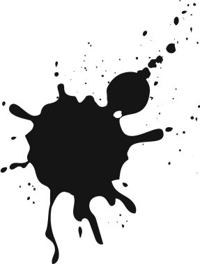 Siyah mürekkep beyaz arka plana sıçrıyor, damlalar ve sıçramalarla soyut bir şekil oluşturuyor, grunge tasarımları veya sanatsal arka planlar için mükemmel.