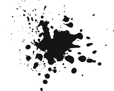 Siyah mürekkep beyaz arkaplana sıçrar, çeşitli damlacık boyutları ve yoğunluklarıyla soyut bir tasarım yaratır, grunge, artistik veya dokulu arka planlar için uygundur.