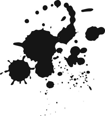 Siyah mürekkep sıçrar ve damlalar temiz beyaz arkaplanda soyut şekiller ve dokular oluşturur, çarpıcı bir görsel karşıtlık sağlar.