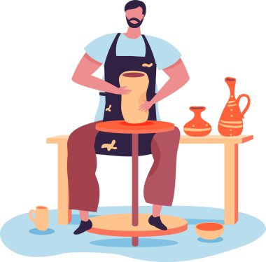 Çömlek çarkında seramik çömlek yapan erkek çömlekçi, bitmiş kilden ürünlerle çevrili, seramik çömlek sürecini sergiliyor.