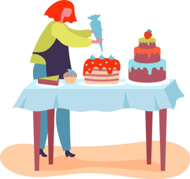 Pasta şefi sıcak bir pastanede pasta süslüyor. Etrafı cazip hamur işleriyle çevrili. Tatlıların sanatını gözler önüne seriyor..