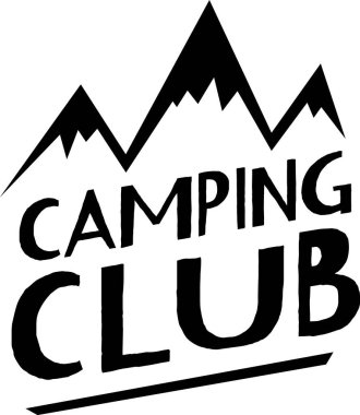 Bir kamp kulübü için siyah ve beyaz logo stilize dağ zirveleri ve cesur tipografi açık hava maceraları ve yoldaşlık teşvik