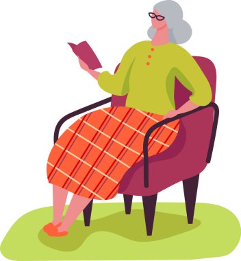 Emekliliğinin tadını çıkaran kıdemli bir kadın, rahat bir şekilde bir koltukta oturuyor, kitap okuyor, edebiyata dalmış, okumanın basit zevkine kendini kaptırmış, huzur ve rahatlık buluyor.