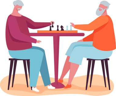 İki yaşlı adam bir satranç oyununa derinden odaklanmış, emekliliği strateji ve eğlenceyle kucaklıyor. Eşleşen zeka ve tahta parçaları dikkatlice yerleştirilmiş, şah mat hedefleniyor.
