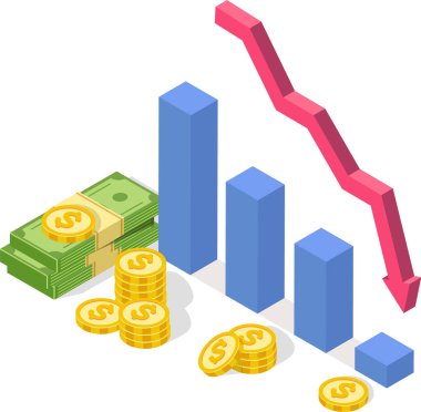 Isometric çubuk grafiği azalıyor, dolar banknotları ve bozuk paralarla mali krizi gösteriyor, ekonomik kriz ve mali istikrarsızlığı gösteriyor