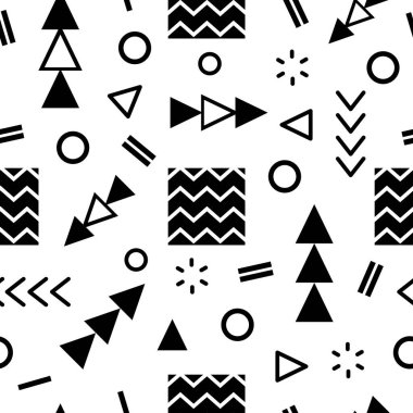 Kusursuz desen siyah ve beyaz geometrik şekiller içerir üçgenler, daireler, kareler ve oklar dahil, dinamik ve görsel olarak meşgul edici bir bileşim oluşturur
