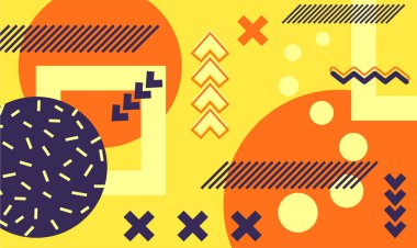 Dinamik çemberler, kareler ve turuncu, sarı ve mor haçlar içeren modern, canlı geometrik soyut arkaplan görsel olarak çekici bir kompozisyon oluşturur.