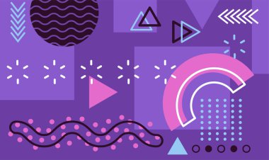 Geometrik şekiller ve desenler, çeşitli renkler ve soyut unsurlar içeren, posterler, afişler veya el ilanları için uygun, canlı bir memphis tasarım arka planı oluşturur.