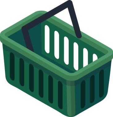 Siyah saplı boş yeşil plastik alışveriş sepeti basit ama etkili bir görsel metaforda çevrimiçi alışveriş, perakende, tüketim ve satın alma gücünü temsil ediyor.