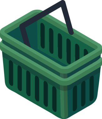 Temiz bir şekilde istiflenmiş ve kullanılmaya hazır iki boş yeşil alışveriş sepeti, tüketim ve perakendeciliği sembolize ediyor, bir market alışverişi beklentisini yansıtıyor