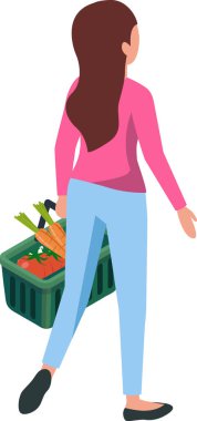 Genç bir kadının, elinde taze sebzelerle dolu bir alışveriş sepetini taşırken sağlıklı bir yaşam tarzı ve bilinçli bir tüketiciliği teşvik ederken görüntüsü.