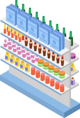 Paketlenmiş ürünler, içecekler ve kozmetik ürünler de dahil olmak üzere çeşitli ürünleri izometrik perspektif renklendirme düzeninde gösteren iyi organize edilmiş süpermarket rafları