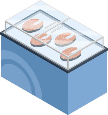 Somon bifteklerini gösteren soğutulmuş vitrin, süpermarketler, bakkallar, balık dükkanları, taze yiyecekler, deniz ürünleri veya sağlıklı beslenmeyle ilgili kavramları resmetmek için idealdir.