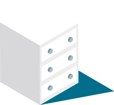 Açık mavi düğmeli minimalist beyaz çekmeceler mavi zemin üzerinde bir deniz mavisi gölgesi oluşturarak basit ama şık bir eşölçü kompozisyonu oluşturuyor.