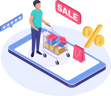 Müşteri, büyük bir akıllı telefon ekranında bir alışveriş arabası dolusu mal satıyor. Satış sezonunda satışlardan ve indirimlerden faydalanıyor. Yakınlarda yüzde işareti ve alışveriş torbası var.