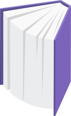 Beyaz sayfalar ve canlı mor bir kapak içeren, izometrik açıdan sunulan, okuma, bilgi ve bilgi paylaşımı temaları çağrıştıran ciltli kitap