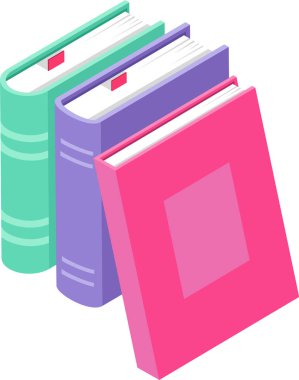 Yer imleri içeren üç renkli kitap, birlikte düzenlenerek, canlı renklerini ve organize sunumlarını vurgulayan izometrik bir perspektif sunuluyor