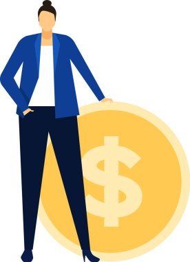 Mavi takım elbiseli bir iş kadını bir dolar işaretli büyük bir altın sikkeye yaslanıyor, finansal büyüme, yatırım ve ekonomik refahı temsil ediyor.