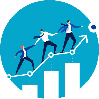 İş adamları büyüyen bir tabloya tırmanıyor, ortak bir hedefe ulaşmak için birbirlerine yardım ediyor ve destek oluyor, takım çalışmasını, işbirliği ve iş dünyasındaki başarıyı simgeliyor.