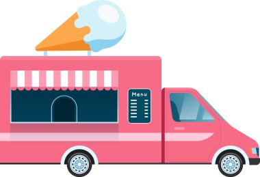 Vibrant pink ice cream food truck featuring a menu and a large ice cream cone atop its roof, inviting customers to indulge in sweet treats on a sunny day clipart